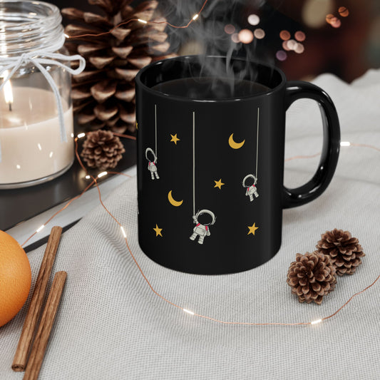 Astronaut Hanging Stars Black Mug - 11oz Ceramic Coffee Cup with Space-Themed Design